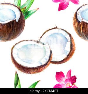 Motivo naturale di acquerello senza cuciture con noci di cocco e orchidee, ideale per un vivace sfondo artistico Foto Stock