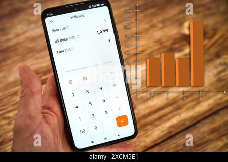Germania - 17 giugno 2024: Convertitore di valuta o calcolatore per valute dall'euro al dollaro USA aperto su smartphone. Accanto ad esso un diagramma riflette il corso del tasso di cambio. FOTOMONTAGGIO *** Währungsrechner, bzw. Smartphone Rechner für Währungen von Euro auf US-Dollar auf einem geöffnet. Daneben ein Diagramm den Kursverlauf spiegelt. FOTOMONTAGE Foto Stock