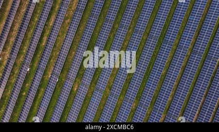 Vista aerea ravvicinata di file di pannelli solari su campo verde. Foto Stock