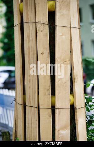 protezione degli alberi con spranghe in legno durante i lavori in cantiere stradale nell'area urbana Foto Stock