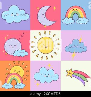 Elementi meteo vettoriali carini motivo geometrico per biglietti d'auguri poster che avvolgono la carta Illustrazione Vettoriale