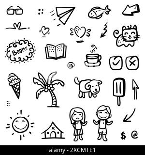 Set di oggetti disegnati a mano con linee sottili astratte, nell'illustrazione vettoriale Illustrazione Vettoriale