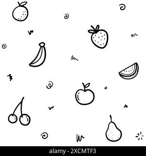 Sfondo di design astratto Fruit senza cuciture. Set di spazzole e spruzzi d'inchiostro. Illustrazione Vettoriale