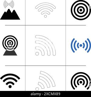 Comunicazione onde radio. Set di icone Web del segnale wireless. Segnale zona WiFi Illustrazione Vettoriale