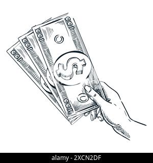 Mano umana che tiene una banconota in moneta cartacea. Illustrazione dello schizzo disegnato a mano vettoriale. Icona di finanza aziendale, isolata su sfondo bianco. pa. Bancaria Illustrazione Vettoriale
