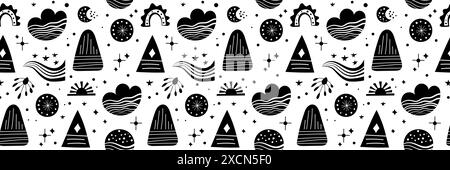 Fantasia vettoriale neo folk senza cuciture con montagne, luna e fiori, design floreale bianco e nero. Sfondo infinito in stile neo folk perfetto per Illustrazione Vettoriale