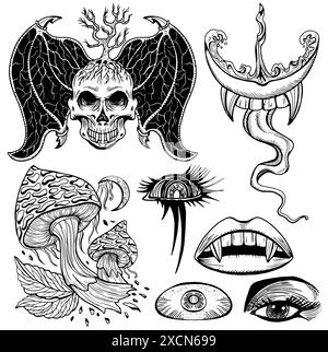 Set di design con oggetti mistici disegnati a mano e simboli di teschio demoniaco spaventoso, funghi magici, labbra e denti vampiri, terzo occhio isolato su wh Illustrazione Vettoriale