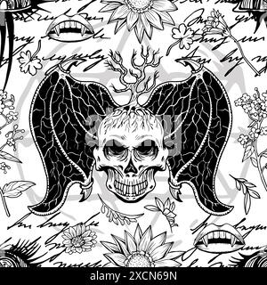 Motivo senza cuciture con oggetti mistici disegnati a mano e simboli di demoni ed erbe spaventose. Esoterico, Halloween e occulto Illustrazione Vettoriale