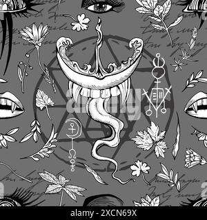 Motivo senza cuciture con oggetti mistici disegnati a mano e simboli di pentagramma e labbra e denti vampiri. Esoterico, Halloween e occulto Illustrazione Vettoriale