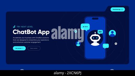 Concetto di design del banner dell'app chatbot. Vettore Illustrazione Vettoriale