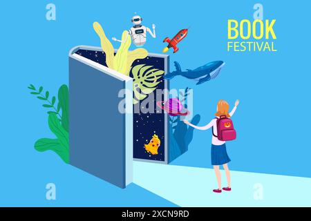 Book Festival Fair Concept, la ragazza apre un libro enorme Illustrazione Vettoriale