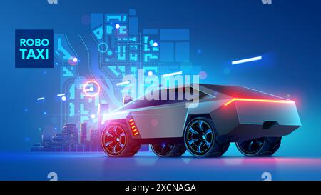Il taxi robotico autonomo si trova sullo sfondo di una città intelligente che traccia un percorso. Servizio di trasporto autonomo di veicoli urbani a mobilità elettrica Illustrazione Vettoriale