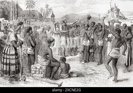 Scena in una piantagione delle Indie occidentali, schiavi che ricevono la notizia della loro emancipazione. Lo Slavery Abolition Act 1833, un atto del Parlamento del Regno Unito, approvato da Earl Grey, che prevedeva la graduale abolizione della schiavitù nella maggior parte dell'Impero britannico. Dalla storia illustrata dell'Inghilterra di Cassell. Foto Stock