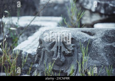 I resti di colonne di pietra scolpite nell'antica città in rovina di Perge vicino ad Antalya in Turchia in una giornata di sole, una classica destinazione turistica di un giorno. Foto Stock