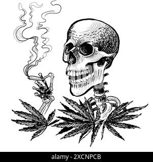 Scheletro che fuma marijuana articolata. Illustrazione in bianco e nero con inchiostro disegnato a mano Foto Stock