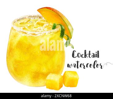 Rinfrescante cocktail di acquerello al mango con Fruit Garnish, una vivace e artistica bevanda estiva Foto Stock