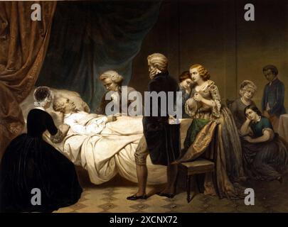 La vita di George Washington, il primo Presidente degli Stati Uniti d'America (1789-1797) sul letto di morte circondato da familiari e amici colorate a mano litografia c1853 dopo la verniciatura da J.B Stearns Foto Stock