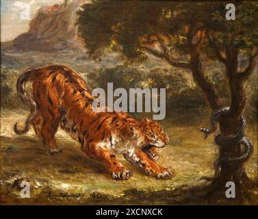 Pittura intitolata 'Tiger e Snake' di Eugène Delacroix (1798 - 1863) un francese di artista romantico. Datata del XIX secolo Foto Stock