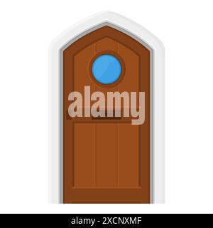 Illustrazione della portiera anteriore in legno marrone. Icona portiera chiusa. Porta esterna dell'edificio. Illustrazione Vettoriale