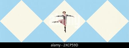 Collage d'arte contemporanea. Giovane ballerina atletica che danzava sullo sfondo con forme astratte e geometriche. Combinazione di colori pastello. Foto Stock