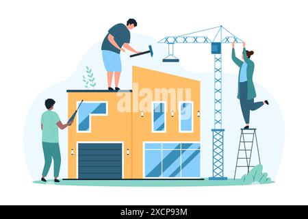 Costruzione e riparazione di abitazioni, moderno processo di costruzione. Ingegneri e lavoratori con martello e cacciavite, gru edile che riparano piccole case, costruttori con strumenti professionali illustrazioni vettoriali di cartoni animati Illustrazione Vettoriale
