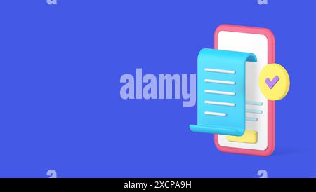 Applicazione smartphone per la banca per la ricevuta di pagamento online riuscita modello per cartelloni pubblicitari per banner vettoriali 3D. Transazioni finanziarie digitali di moneta elettronica approvate Illustrazione Vettoriale