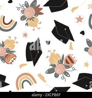 Graziosi cappelli graduati, arcobaleni e mazzi di fiori motivo senza cuciture. Mortarboard, istruzione superiore e formazione per studenti. Vettore Illustrazione Vettoriale
