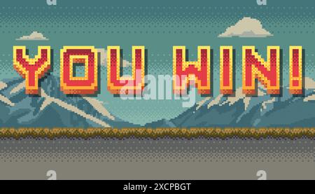 Design artistico You Win Pixel con sfondo paesaggio montano. Schermo arcade colorato per un design di gioco Illustrazione Vettoriale