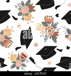Graziosi cappelli graduati, stelle e mazzi di fiori motivo senza cuciture. Mortarboard, istruzione superiore e formazione per studenti. Illustrazione vettoriale Illustrazione Vettoriale
