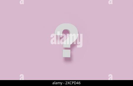 Immagine minimalista con un punto interrogativo bianco su sfondo rosa, a simboleggiare l'inquietudine, la curiosità e l'incertezza. Foto Stock