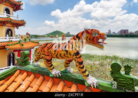 Kaohsiung, Taiwan - 30 aprile 2019: Dettaglio colorato delle Pagode del Drago e della Tigre al lago Lotus. Incredibile scultura di tigre. Foto Stock