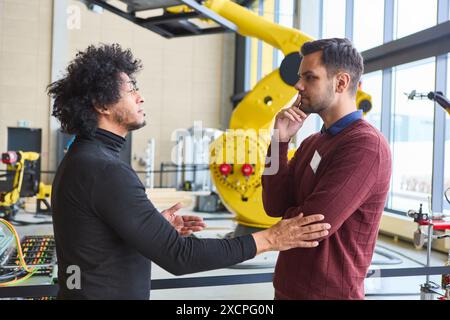 Due ingegneri in una profonda discussione sulla tecnologia robotica, in un ambiente industriale con un braccio robotico giallo visibile sullo sfondo. Foto Stock