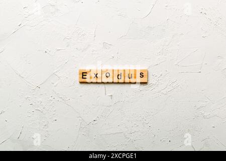 Esodo parola scritta sul blocco di legno. L'esodo del testo in tabella, concetto. Foto Stock