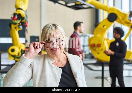 Ingegnere donna in una struttura di robotica sorride mentre tiene gli occhiali. Bracci robotici e membri del team che discutono in background. Concetto di robot Foto Stock