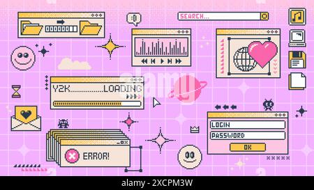 Pagina della finestra del computer retro Y2K e schermata dell'interfaccia in pixel, grafica, vettore, sfondo. Computer a 8 bit retro e Y2K 90s visualizzano finestre delle schede del browser Internet con barra di caricamento e casella dei messaggi di errore Illustrazione Vettoriale