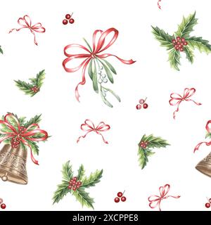 Campanella di Natale e Mistletoe With Bow e Holly. Motivo senza cuciture. Illustrazione ad acquerello disegnato a mano piante tradizionali e decorazioni per l'inverno Foto Stock