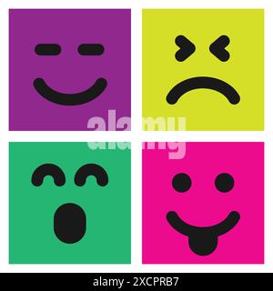 Set di quattro emoticon colorate con volti sorridenti, spaventati e insoddisfatti. Icona emoji nel quadrato. Ripetizione di sfondo piatta. Illustrazione vettoriale Illustrazione Vettoriale