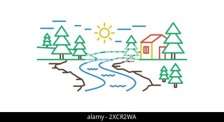 Paesaggio rurale estivo con fiume, pineta e casa, illustrazione vettoriale con icona a forma di linea Illustrazione Vettoriale