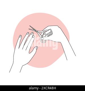 Mano che tiene le forbici per tagliare le unghie in sano disegno vettoriale di processo manicure Illustrazione Vettoriale