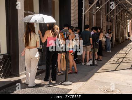 Gli amanti dello shopping aspettano in fila per entrare nel negozio Gentle Monster nel quartiere Soho di New York domenica 16 giugno 2024 (© Richard B. Levine) Foto Stock