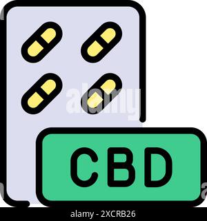 Marijuana medica o pillole di estratto di CBD, simbolo vettoriale. Icona del colore della capsula di cannabis. Capsule di CBD per la salute mentale, il rilassamento e il trattamento della depressione Illustrazione Vettoriale