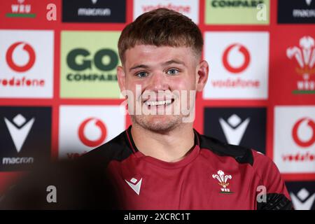 Cardiff, Regno Unito. 18 giugno 2024. Taine Plumtree del Galles parla ai media in anticipo rispetto alla sua scelta per giocare contro il Sudafrica questo fine settimana. Conferenza stampa di annuncio della squadra di rugby gallese presso il vale Resort, vale of Glamorgan, martedì 18 giugno 2024. foto di Andrew Orchard/Andrew Orchard Sports Photography/ Alamy Live News Credit: Andrew Orchard Sports Photography/Alamy Live News Foto Stock