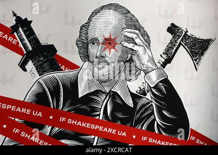 Ivano Frankivsk, Ucraina. 17 giugno 2024. Un poster è stato raffigurato al primo Festival Shakespeare ucraino a Ivano-Frankivsk, Ucraina, il 17 giugno 2024. NON SERVE LA RUSSIA. BIELORUSSIA INUTILE. (Foto di Ukrinform/NurPhoto)0 credito: NurPhoto SRL/Alamy Live News Foto Stock