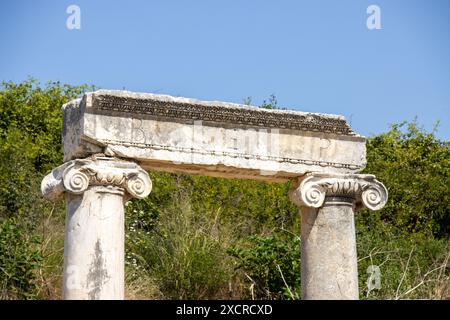 Dettagli su una colonna in rovina nel colonnato dell'antica città di Perge vicino ad Antalya in Turchia in una giornata di sole con cielo blu, un classico viaggio turistico. Foto Stock