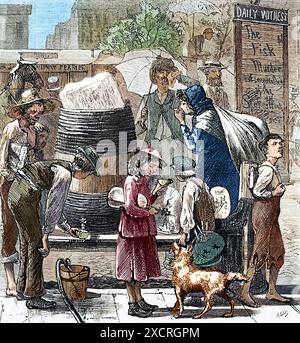 Distribuzione di acqua ghiacciata in Printing House Square, New York, durante un'ondata di caldo estivo. Illustrazione, Harper's Weekly, E. A. Abbey, 27 luglio 1872. Foto Stock