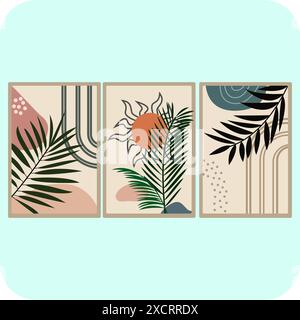 Set di quattro carte creative astratte con foglie tropicali. Illustrazione vettoriale disegnata a mano. Illustrazione Vettoriale