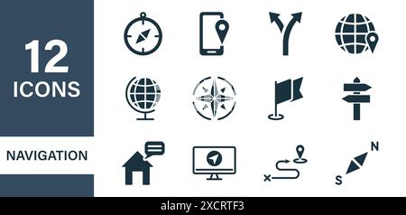 Icone della linea di navigazione e della mappa. Icone navigazione, posizione strada, linea di destinazione. Mappa, puntatore, pin, GPS, bussola, Geo Location, Traffic and Tourism Illustrazione Vettoriale