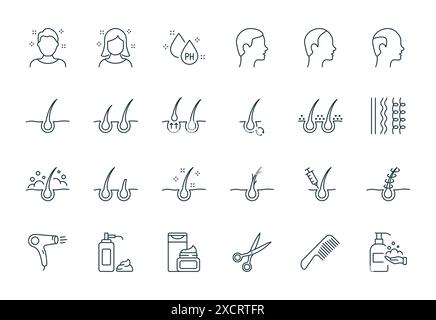 Trattamento e problema dei capelli. Problema di perdita e cura dei capelli. Icona shampoo, forfora, taglio di capelli, crescita e linea Alopecia. Strumenti per barbiere Flat Linear Illustrazione Vettoriale