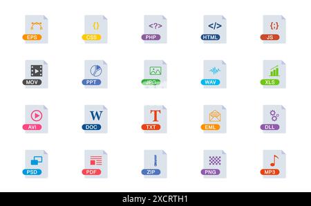 Icone tipo di file impostate. Formato ed estensione dei documenti. Icona formato file. Illustrazione vettoriale. Illustrazione Vettoriale
