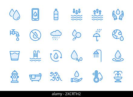 Set di icone della linea dell'acqua. Icona lineare sottile acqua goccia. Acqua minerale, bassa e alta marea, doccia, bottiglia di plastica e pittogramma in vetro. Idrante del fuoco Illustrazione Vettoriale